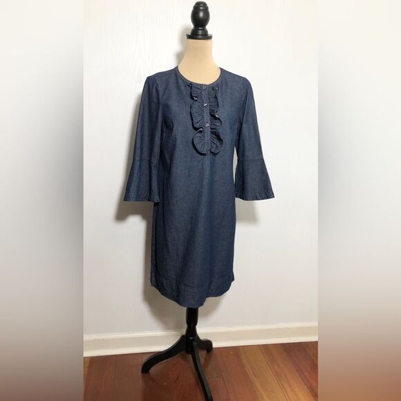Draper James Dress Womens 6 Blue Chambray Ruffle Shift Flutter Sleeves Preppy - Picture 4 of 16